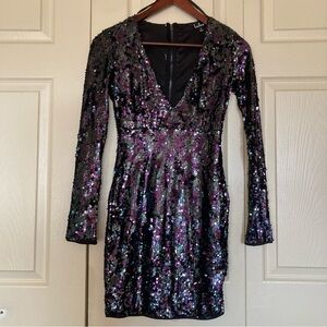 Lulu's Indescribable Shine Sequin Purple and Blue Bodycon Dress Long Sleeve Mini